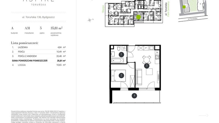 Rzut - Mieszkanie na sprzedaż 2 pokoje o powierzchni 35,81 m² - numer A.31 w Aspire