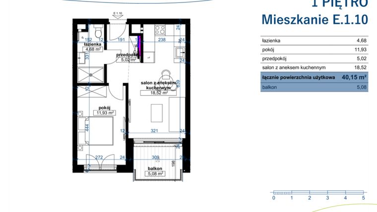 Rzut - Mieszkanie na sprzedaż 2 pokoje o powierzchni 40,15 m² - numer E.1.10 w Wzgórze Poetów 2