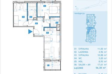 Rzut - Mieszkanie na sprzedaż 3 pokoje o powierzchni 58,85 m² - numer 35 w Osiedle Botaników etap D