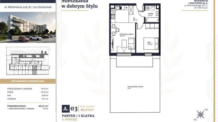 Rzut - Mieszkanie na sprzedaż 2 pokoje o powierzchni 40,41 m² - numer A3 w Mickiewicza