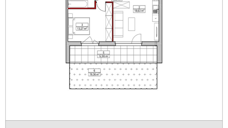 Rzut - Mieszkanie na sprzedaż 2 pokoje o powierzchni 42,03 m² - numer D1.3.0.2 w Nowy Targówek VI