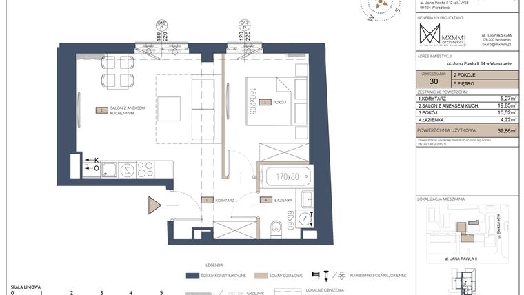 Rzut - Mieszkanie na sprzedaż 2 pokoje o powierzchni 39,86 m² - numer 30 w Apartamenty Jana Pawła 34