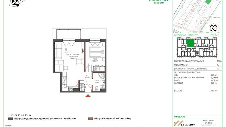 Rzut - Mieszkanie na sprzedaż 2 pokoje o powierzchni 38,86 m² - numer 25 w Osiedle Polna bud. 5