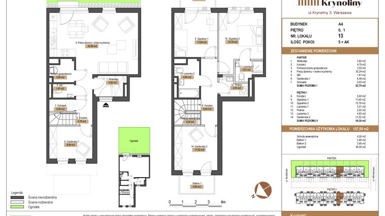 Rzut - Mieszkanie na sprzedaż 5 pokoi o powierzchni 107,09 m² - numer 13.A4 w Apartamenty Krynoliny