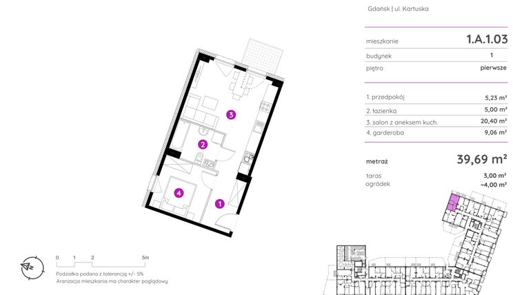 Rzut - Mieszkanie na sprzedaż 2 pokoje o powierzchni 39,69 m² - numer 1.A.1.03 w Murapol Scarpa