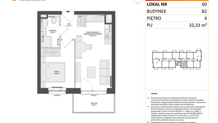 Rzut - Mieszkanie na sprzedaż 2 pokoje o powierzchni 33,33 m² - numer B2.60 w Osiedle Przy Błoniach 3 etap III