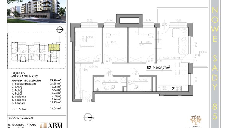 Rzut - Mieszkanie na sprzedaż 3 pokoje o powierzchni 76,21 m² - numer 52 w Nowe Sady 85