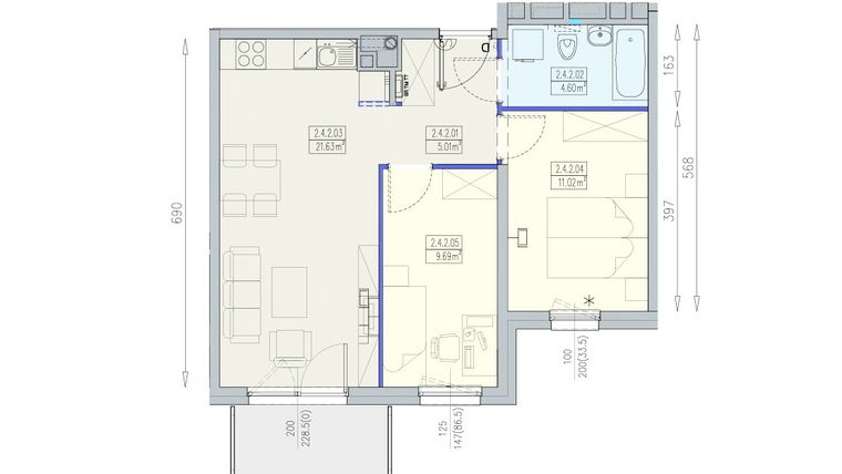 Rzut - Mieszkanie na sprzedaż 3 pokoje o powierzchni 51,95 m² - numer K1 2/4/2/3a w Południk 17 - budynek K1
