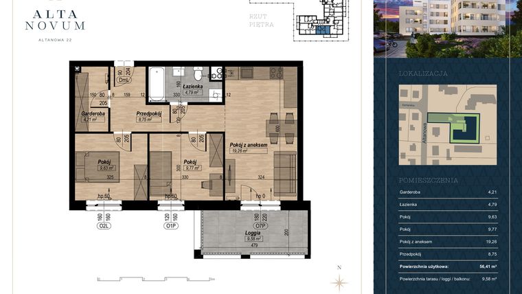 Rzut - Mieszkanie na sprzedaż 3 pokoje o powierzchni 56,41 m² - numer 26 w Alta Novum