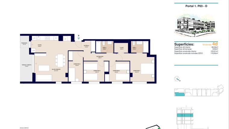 Rzut - Mieszkanie na sprzedaż 4 pokoje o powierzchni 116,84 m² - numer 3-D w Apartamenty w Alicante - 78385858