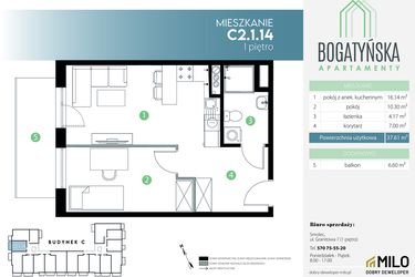 Rzut - Mieszkanie na sprzedaż 2 pokoje o powierzchni 37,61 m² - numer C2.1.14 w Bogatyńska Apartamenty etap 3