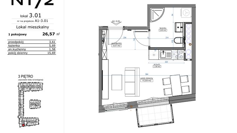 Rzut - Mieszkanie na sprzedaż 1 pokój o powierzchni 26,57 m² - numer 03.01 w Naramowicka 172