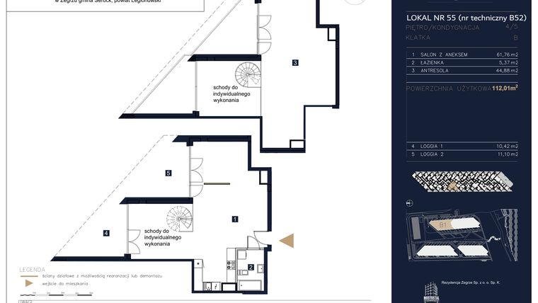 Rzut - Mieszkanie na sprzedaż 3 pokoje o powierzchni 112,01 m² - numer B52 w Rezydencja Zegrze etap II