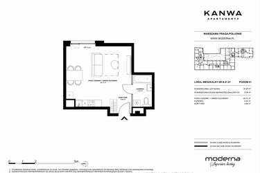 Rzut - Mieszkanie na sprzedaż 1 pokój o powierzchni 34,25 m² - numer B.01.07 w KANWA