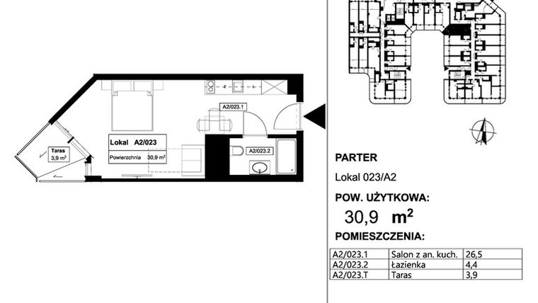 Rzut - Mieszkanie na sprzedaż 1 pokój o powierzchni 30,9 m² - numer 023 w Apollo Resort