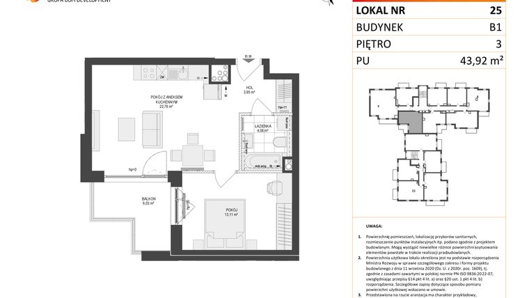 Rzut - Mieszkanie na sprzedaż 2 pokoje o powierzchni 43,92 m² - numer 25 w Locus 2