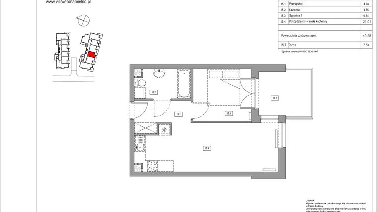 Rzut - Mieszkanie na sprzedaż 2 pokoje o powierzchni 40,28 m² - numer B.15 w Villa Verona Mielno