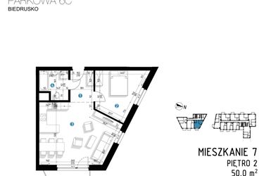 Rzut - Mieszkanie na sprzedaż 2 pokoje o powierzchni 50 m² - numer 6C.7 w Parkowa 6AC - ETAP III
