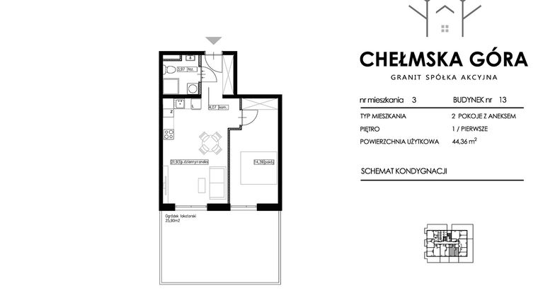 Rzut - Mieszkanie na sprzedaż 2 pokoje o powierzchni 44,36 m² - numer 13-M3 w Chełmska Góra etap II