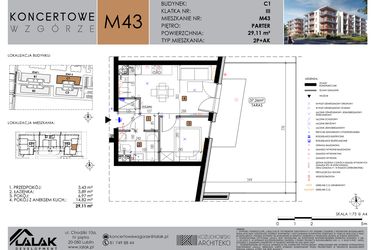 Rzut - Mieszkanie na sprzedaż 2 pokoje o powierzchni 29,11 m² - numer C1_M43/P w Koncertowe Wzgórze etap II