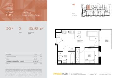 Rzut - Mieszkanie na sprzedaż 2 pokoje o powierzchni 35,9 m² - numer M37_NF.d w Nowe Flisy II