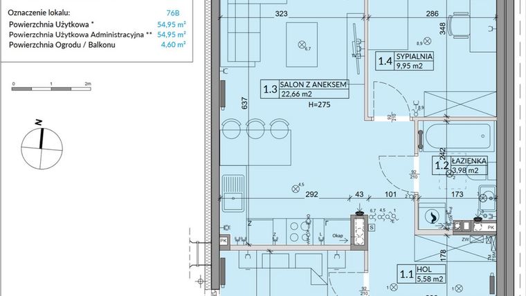 Rzut - Mieszkanie na sprzedaż 3 pokoje o powierzchni 54,95 m² - numer 76B w Osiedle Młodych etap VII