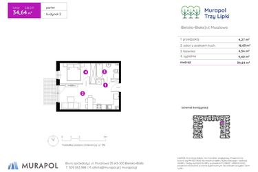 Rzut - Mieszkanie na sprzedaż 2 pokoje o powierzchni 34,64 m² - numer 2.B.0.11 w Murapol Trzy Lipki etap II