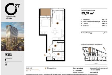 Rzut - Mieszkanie na sprzedaż 1 pokój o powierzchni 53,37 m² - numer M.146 w O27 Apartamenty Opolska