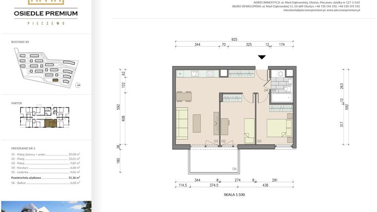 Rzut - Mieszkanie na sprzedaż 3 pokoje o powierzchni 51,36 m² - numer B3.3 w Osiedle Premium etap IV