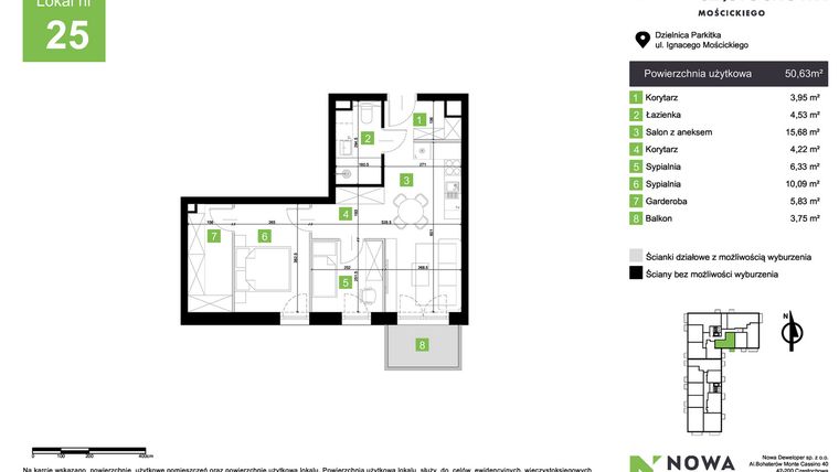 Rzut - Mieszkanie na sprzedaż 3 pokoje o powierzchni 50,63 m² - numer M25 w Nowa Częstochowa Mościckiego
