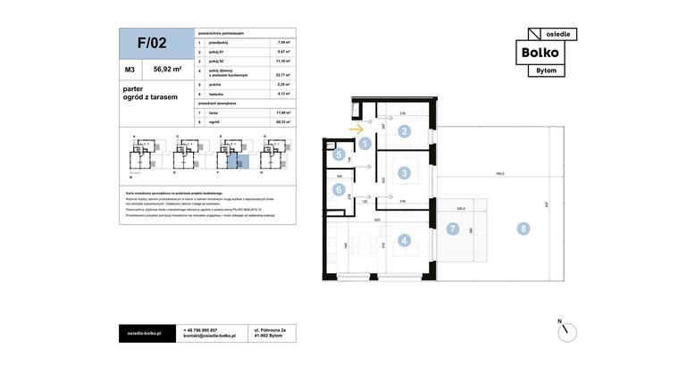 Rzut - Mieszkanie na sprzedaż 3 pokoje o powierzchni 56,92 m² - numer F/02 w Osiedle Bolko etap II