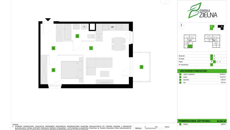 Rzut - Mieszkanie na sprzedaż 2 pokoje o powierzchni 42,64 m² - numer A7 w Osiedle Zielna IV faza 2