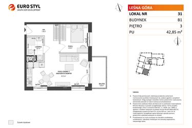 Rzut - Mieszkanie na sprzedaż 2 pokoje o powierzchni 42,85 m² - numer 31 w Leśna Góra