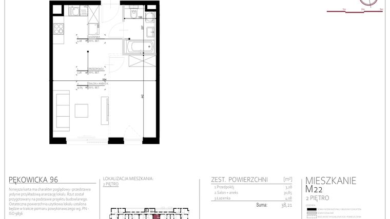Rzut - Mieszkanie na sprzedaż 1 pokój o powierzchni 38,21 m² - numer 22 w Pękowicka 96
