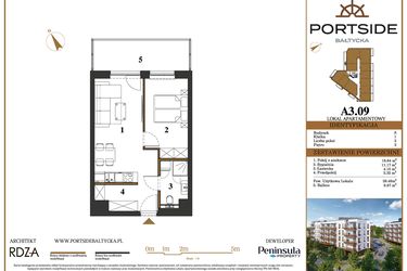 Rzut - Mieszkanie na sprzedaż 2 pokoje o powierzchni 39,48 m² - numer A3.09 w Portside Bałtycka