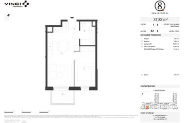 Rzut - Mieszkanie na sprzedaż 2 pokoje o powierzchni 37,82 m² - numer A/1/1.4 w Smardzewska 8