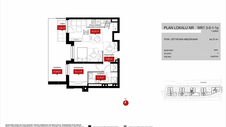 Rzut - Mieszkanie na sprzedaż 1 pokój o powierzchni 54,72 m² - numer WR1 3/0/1/1a w Przystań Reymonta