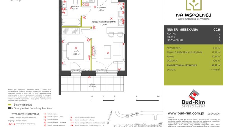Rzut - Mieszkanie na sprzedaż 2 pokoje o powierzchni 36,67 m² - numer C26 w Na Wspólnej etap 2