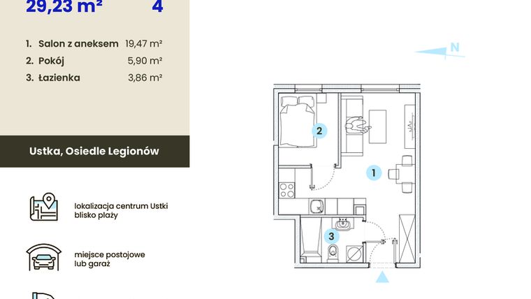 Rzut - Mieszkanie na sprzedaż 1 pokój o powierzchni 29,23 m² - numer 4.1 w Ustka Flow