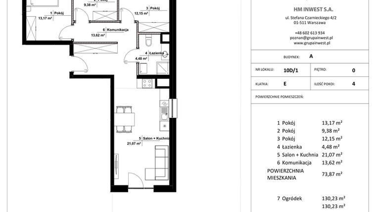 Rzut - Mieszkanie na sprzedaż 4 pokoje o powierzchni 73,87 m² - numer 10D/1 w Jasielska 8C etap II