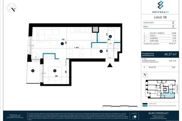 Rzut - Mieszkanie na sprzedaż 2 pokoje o powierzchni 45,27 m² - numer M08 w Krypska 33
