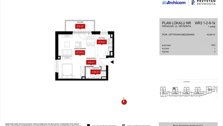 Rzut - Mieszkanie na sprzedaż 1 pokój o powierzchni 42,69 m² - numer WR3 1/2/9/1k w Przystań Reymonta etap II