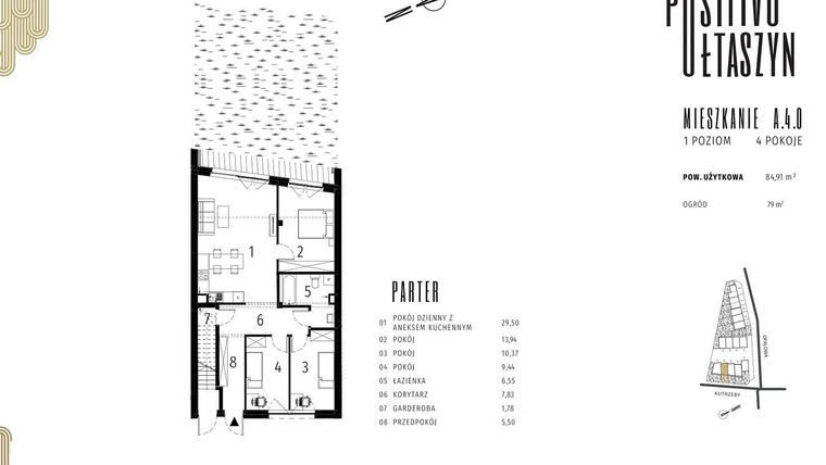 Rzut - Mieszkanie na sprzedaż 4 pokoje o powierzchni 84,91 m² - numer A.4.0 w Positivo Ołtaszyn