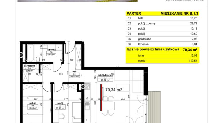 Rzut - Mieszkanie na sprzedaż 3 pokoje o powierzchni 70,34 m² - numer B 1.3 w Park Moniuszki