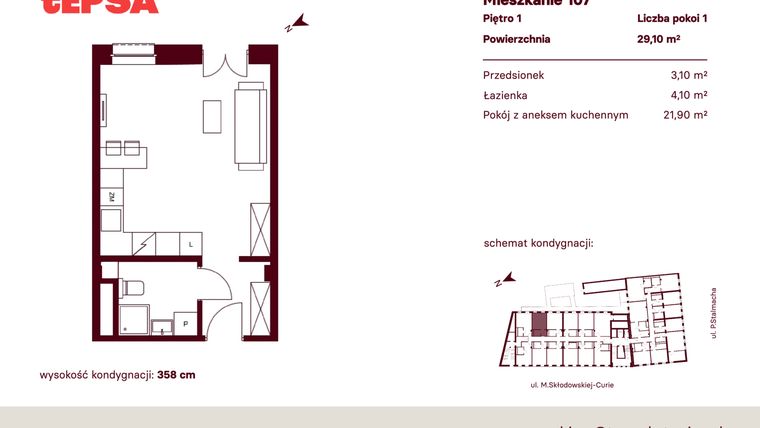 Rzut - Mieszkanie na sprzedaż 1 pokój o powierzchni 29,1 m² - numer M107 w Tepsa Kato