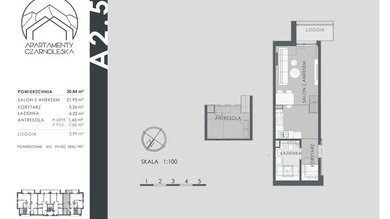 Rzut - Mieszkanie na sprzedaż 1 pokój o powierzchni 30,84 m² - numer A2.5 w Apartamenty Czarnoleska