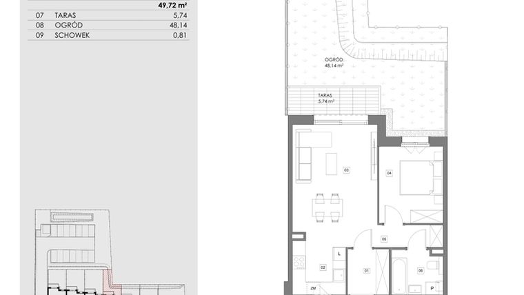 Rzut - Mieszkanie na sprzedaż 2 pokoje o powierzchni 49,72 m² - numer 16C.1 w Przystań Sobieszewo