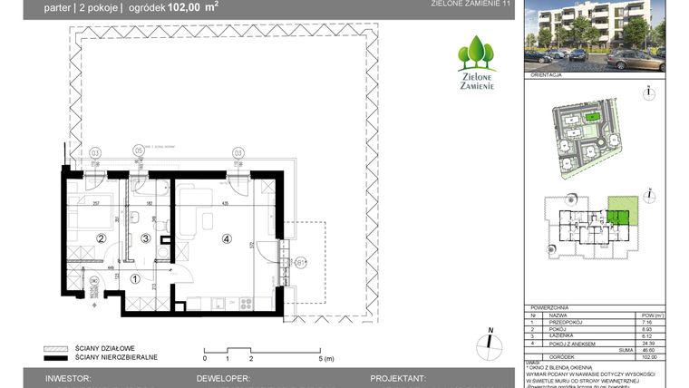 Rzut - Mieszkanie na sprzedaż 2 pokoje o powierzchni 46,6 m² - numer 1C.1 w Zielone Zamienie XI