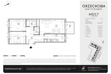 Rzut - Mieszkanie na sprzedaż 3 pokoje o powierzchni 64,7 m² - numer M5/17 w Orzechowa