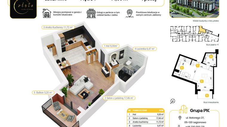 Rzut - Mieszkanie na sprzedaż 1 pokój o powierzchni 44,95 m² - numer 1M10 w Złota Jabłonna